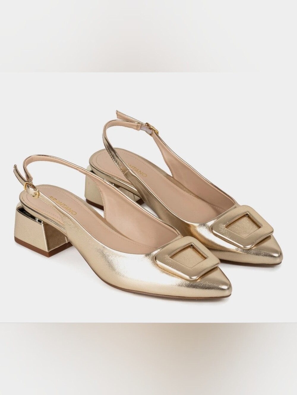 Gold Metallic Slingback Pointed Toe Mules with Decorative Buckle